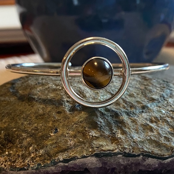Sterling & Tiger’s Eye Vintage / Modern-Style Cuff Bracelet - Picture 1 of 6